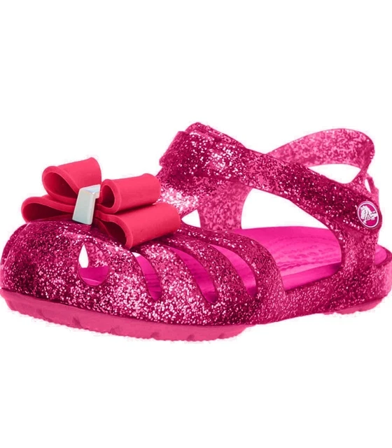 CROCS GIRL'S ISABELLA Bow Jelly Sandal Pink Glitter Adjustable Strap