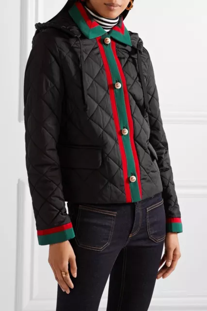 GUCCI Hooded Grosgrain-Trimmed Quilted Shell Black Jacket Size 8 US Large, NWOT 2