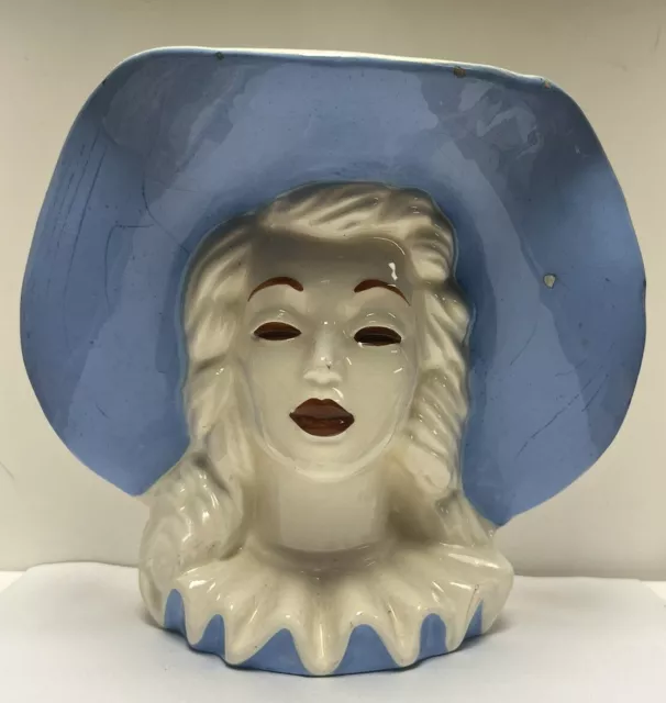 Blonde Hair w/ Big Blue Hat Lady Head Planter Vase 6in Tall