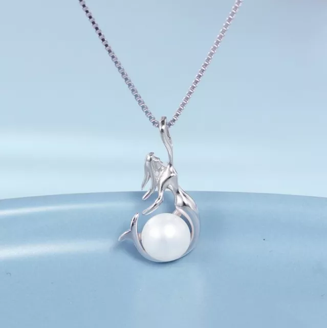 925 Sterling Silver Freshwater Pearl Mermaid Pendant 18" Chain Necklace Gift Box 2