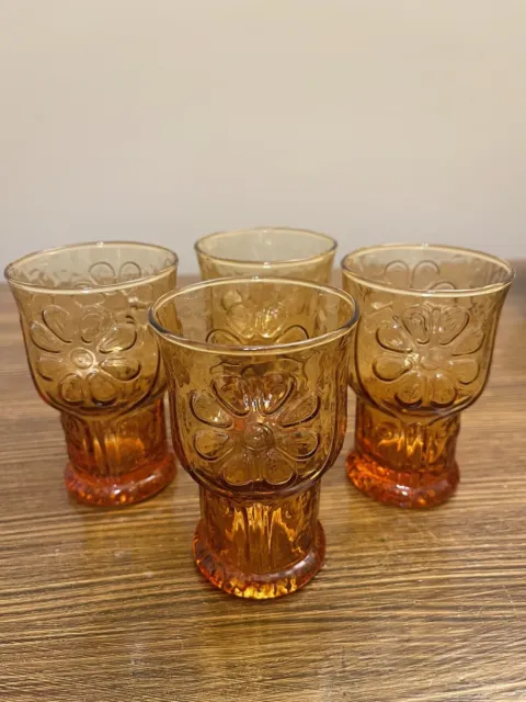 Vintage Libbey Amber Country Garden Daisy Flower 4" Tall Juice Glasses Set of 4