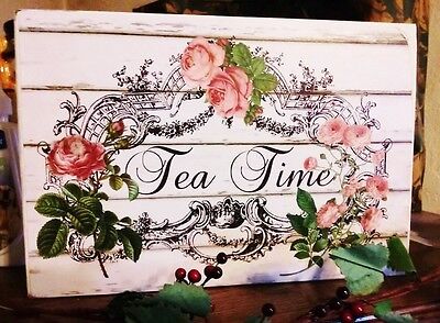 Vintage Wooden Sign Tea Time Cottage Sign Chic and Shabby Pink Roses