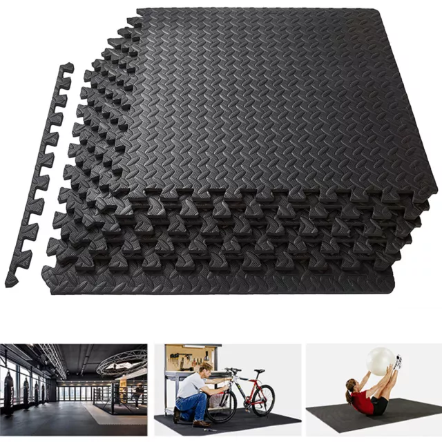 Gym Floor Mat 96 SQ Ft EVA Foam Interlocking Exercise Fitness Puzzle Yoga Black