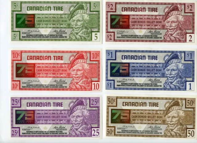 Vintage Ctc 75Th Anniversary Canadian Tire Coupon Set 5-10-25-50-$1.00-$2.00