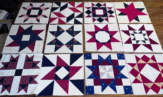 Bloques De Edredón De Tela De 12 Piezas, Rojo Americano, Azul Y Blanco