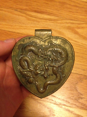 19th Century Japanese Trade Dollar Heart Shaped Brass Hinged Jewelry Box Dragon!