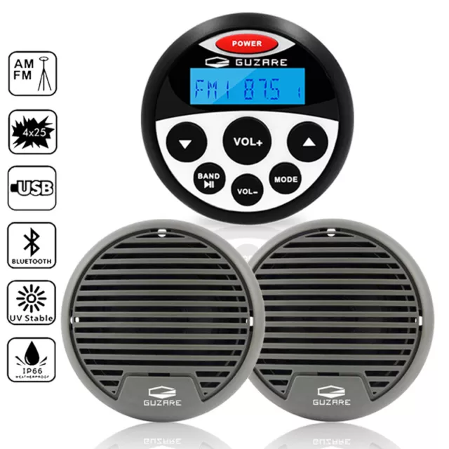 Marine Stereo Bluetooth Radio System Receiver and Boat 3inch Flush Mount Speaker