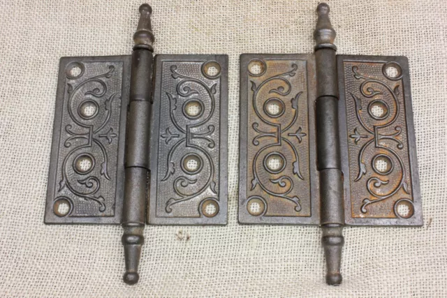2 Old Door Hinges 4 X 4" Antique Steeple Top Cleaned Vintage Cast Iron Feather