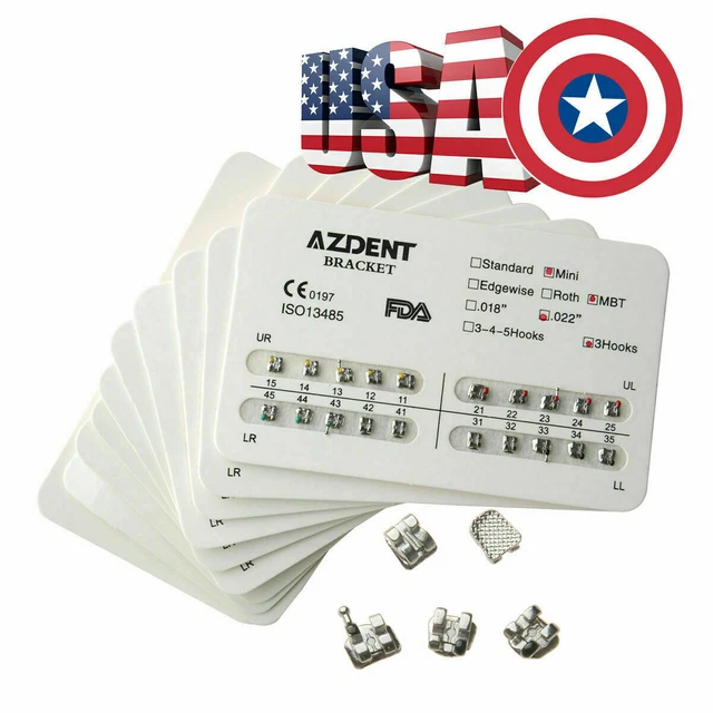 10Packs AZ Dental Orthodontic Metal Brackets Braces Mini MBT Slot 0.022 Hooks 3