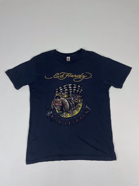 Men’s L/52,Ed Hardy Y2K Rare Vintage Bulldog Logo Navy Blue Cotton Tshirt,Tee
