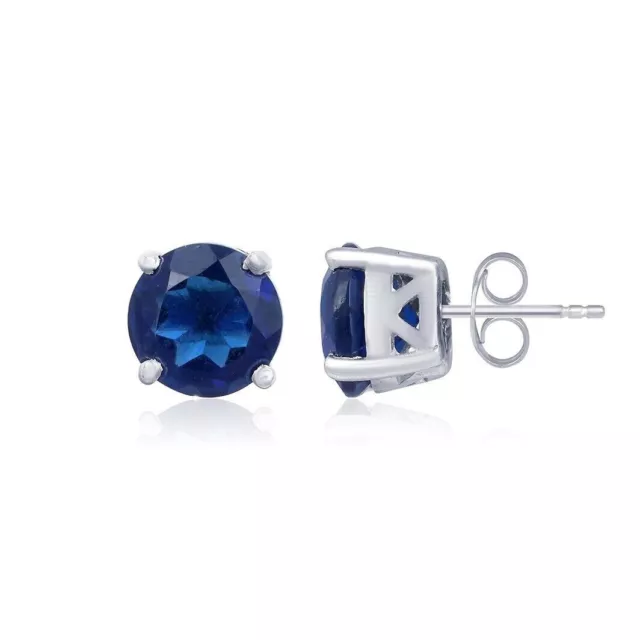 ROUND LAB-CREATED BLUE Sapphire Diamond Women Stud Earring 14K White ...