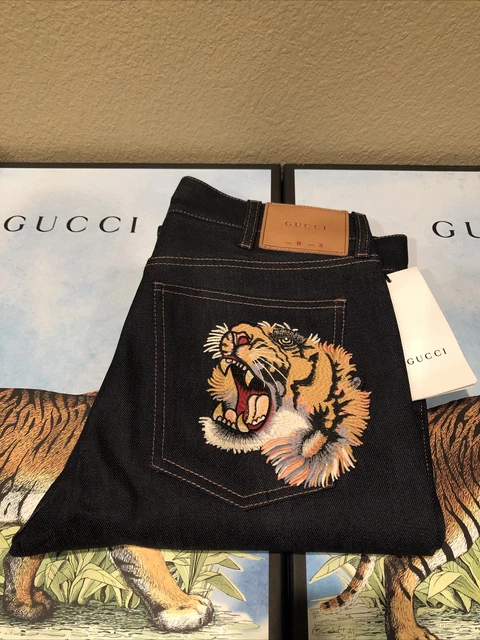 100% Authentic GUCCI Indigo Slim Tiger Patch Jeans $860+Tax Size: 32