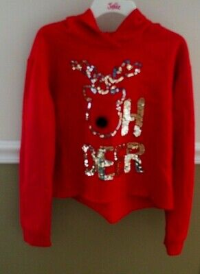Justice 12 Girls Oh Deer Hooded Sweatshirt Red Christmas VGUC cropped sequins