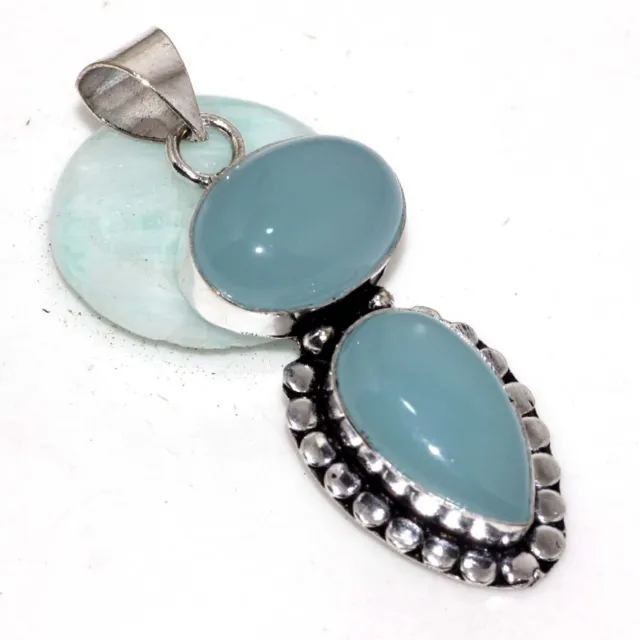 Chalcedony 925 Silver Plated Long Gemstone Handmade Pendant 2" Unique Gift AU P2