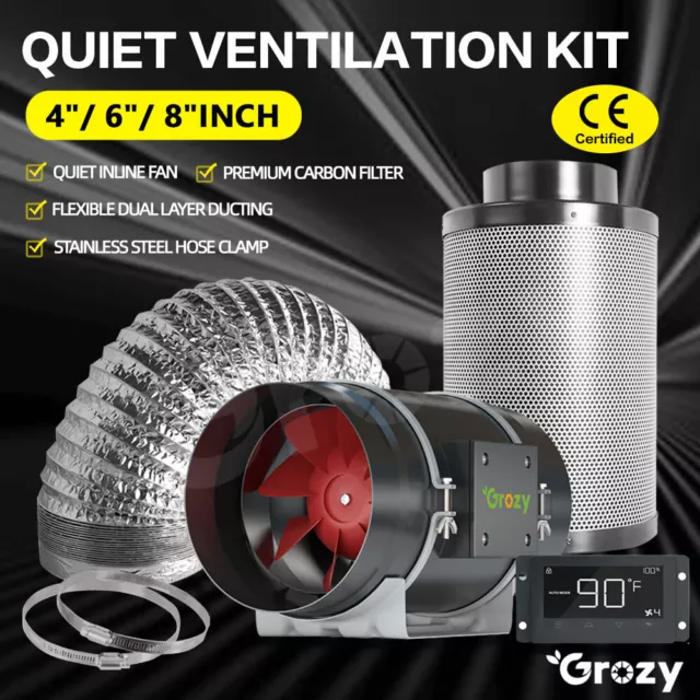 GROZY 4/6/8 inch Ventilation Inline Fan Carbon Filter Ducting Kit For Grow Tent