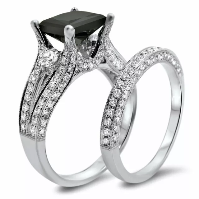 3.34 Ct Lab Created Black Diamond Bridal Set Sterling Silver Ring Wedding Gift
