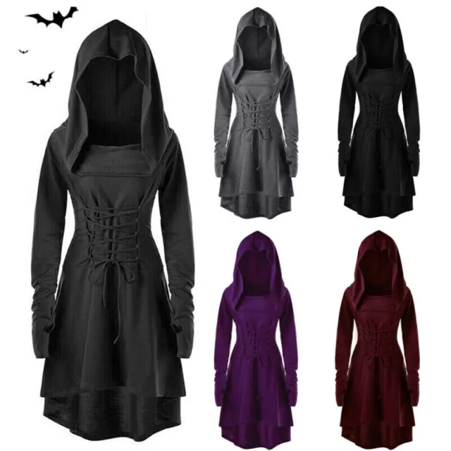 Womens Gothic Punk Cosplay Cloak Cape Coat Halloween Witch Costume Hooded Dress