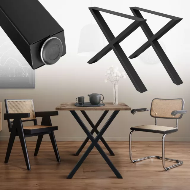 Set 2 pieds de table pour bureau 60x70cm forme X en acier noir design industriel