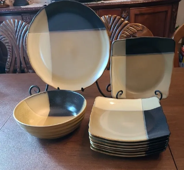 4 Pc Set Sango Stoneware GOLD DUST BLACK Square Salad, Chop Plate- Mixing Bowl 9