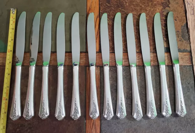 👍SET OF 12 c1949 SPRING GARDEN  SILVERPLATED HANDLE MODERN HOLLOW DINNER KNIVES