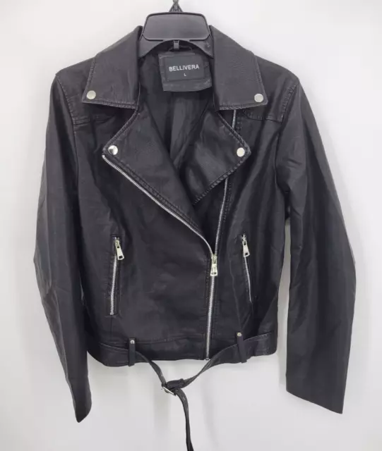 Bellilvera Jacket Womens Large Black Faux Leather Moto Zip Cropped Biker Coat
