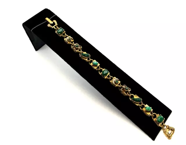 Bracelet Vintage Victorian Revival LJM Gold Tone Green Glass Jade Pearl Cabochon
