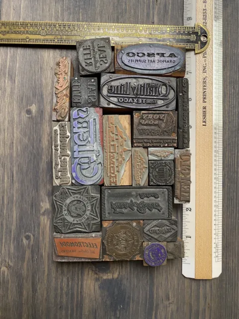 Lot Of Letterpress Printers Blocks Business Logos 21 Total Assortment