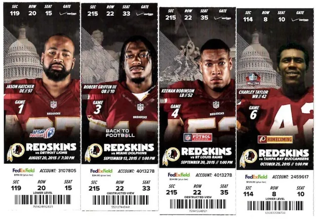 WASHINGTON REDSKINS ~ Lot of 2015 Tickets with Player Photos