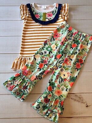 Girls Boutique Ruffled Tunic & Pants Set, Floral & Stripes, Adorable! NEW! 6 YR