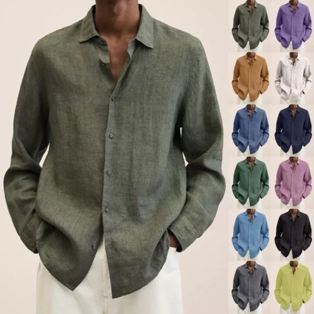 🔥Mens Long Sleeve Cotton Linen Dress Shirt Casual Solid Button-up Baggy Tops