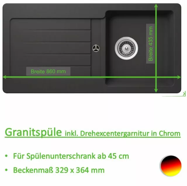 Granitspüle grau Küchenspüle Einbauspüle Drehexcenter Granit Spüle 86 x 43,5cm 3