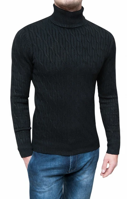 Maglione dolcevita uomo nero invernale a trecce slim fit in lana S M L XL XXL