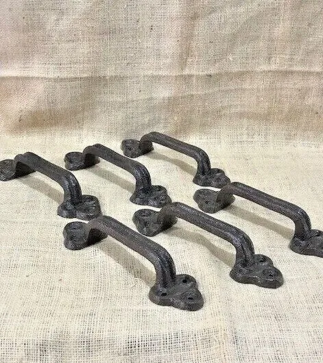 6 LARGE Handles Door Hardware Pull Gate Shed Drawer Barn Shed Rustic Cast Iron 2