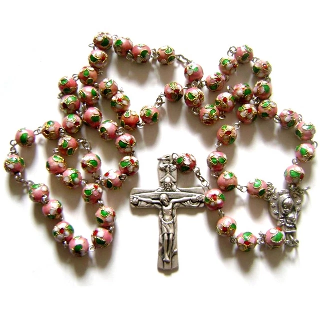 * PINK CLOISONNE ROSE BEADS ROSARY & CROSS crucifix catholic necklace 2