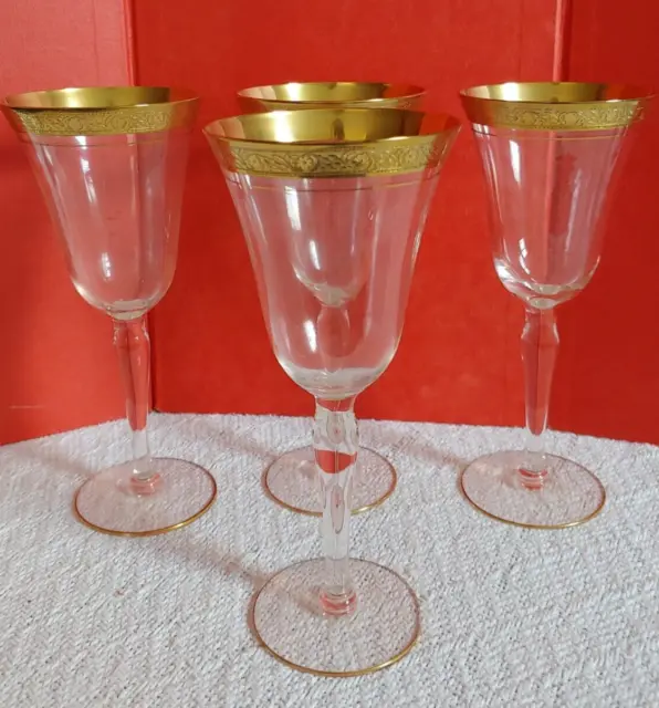 4 VTG Gold Encrusted Stem Wine Water Glasses 8" Tall Tiffin-Franciscan MINTON?