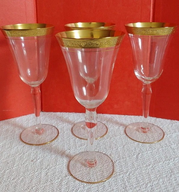 4 VTG Gold Encrusted Stem Wine Water Glasses 8" Tall Tiffin-Franciscan MINTON?