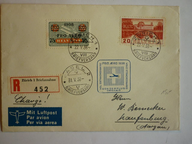 Flugpost Brief Schweiz Zürich nach Aargau 1938