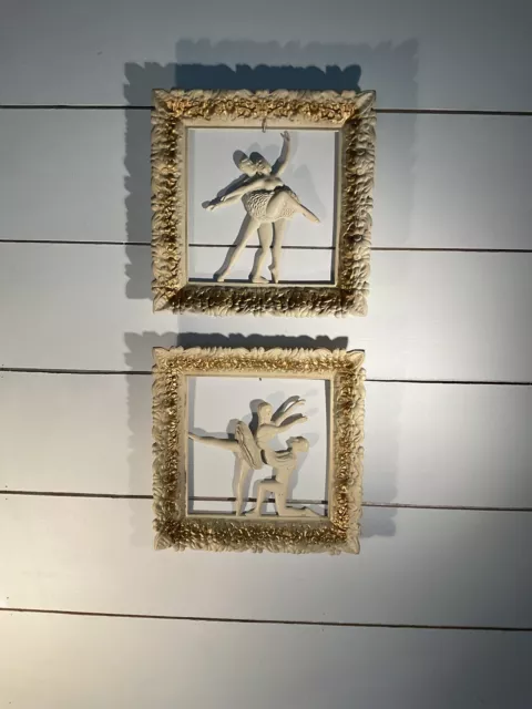 Pair MC Metal Wall Art Ballet Dancers French Provencal Gold & Ivory 10”x10” Ea.