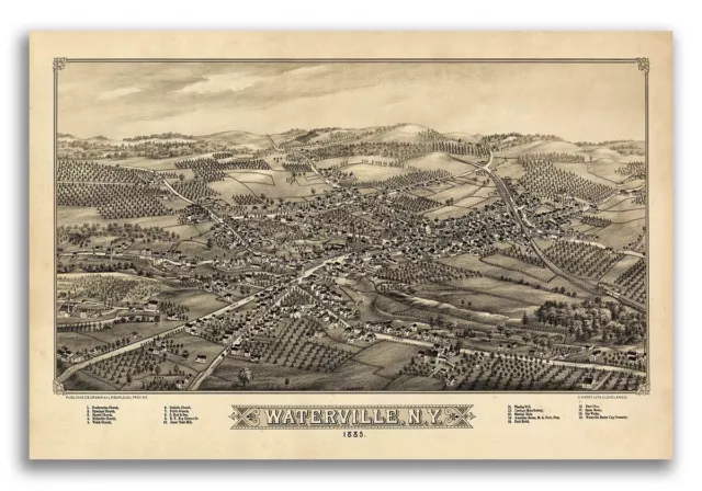 1885 Waterville New York Vintage Old Panoramic NY City Map - 20x30
