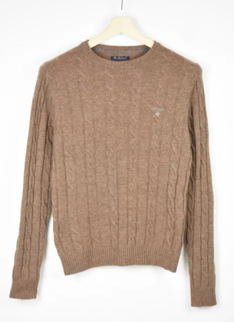 Gant Fine Lambswool Maglione Uomo Piccolo Treccia Doppia Girocollo Marrone