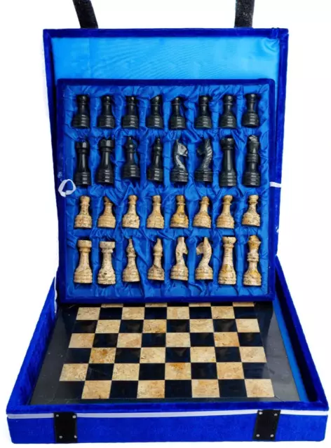 CORAL & BLACK MARBLE/ONYX HANDCRAFTED CHESSBOARD SET,30 cm x 30 cm, BLACK BORDER