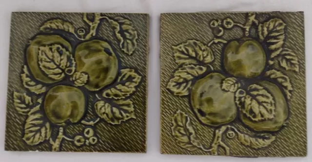 PAIR of FIREPLACE MAJOLICA TILE RELIEF MOULDED with APPLE & LEAF FRUIT DESIGN a