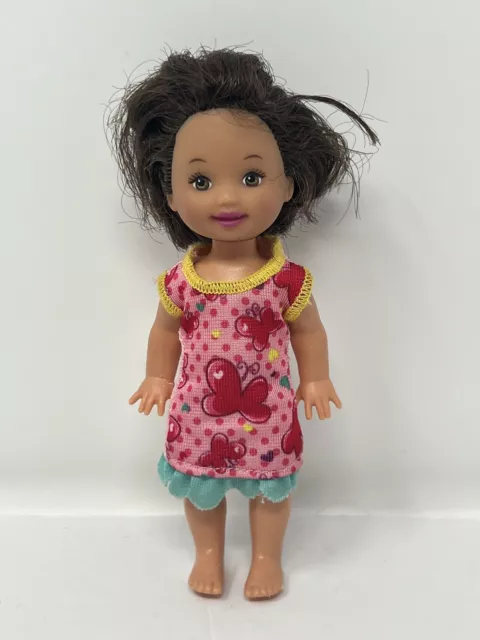 Barbie Tiny Doll with Brunette hair Brown Eyes 4" In pink butterfly Dress outfit