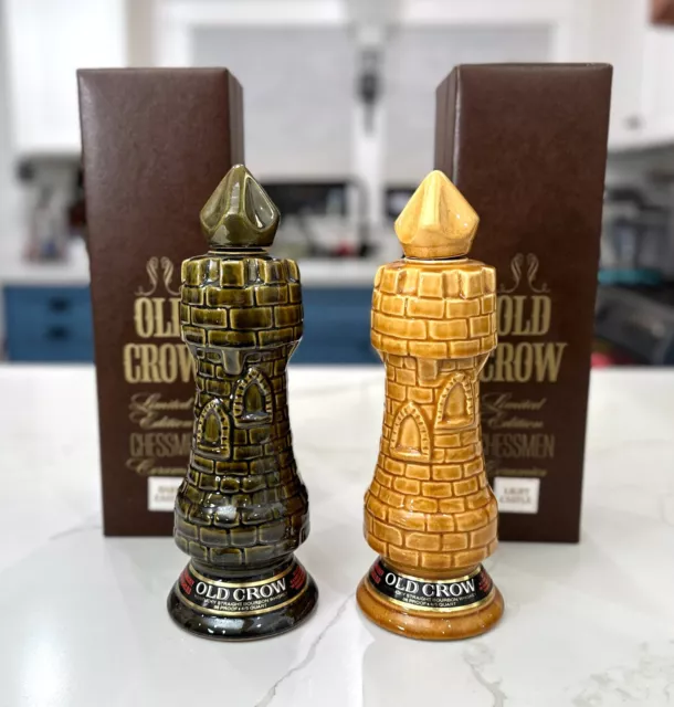 Vintage 1960'S OLD CROW Chessmen Castles Bourbon EMPTY Decanters - Set of 2