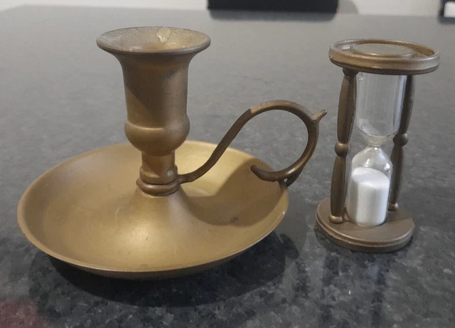Portacandela Candelabro Bugia Con Manico E Clessidra In Ottone Vintage