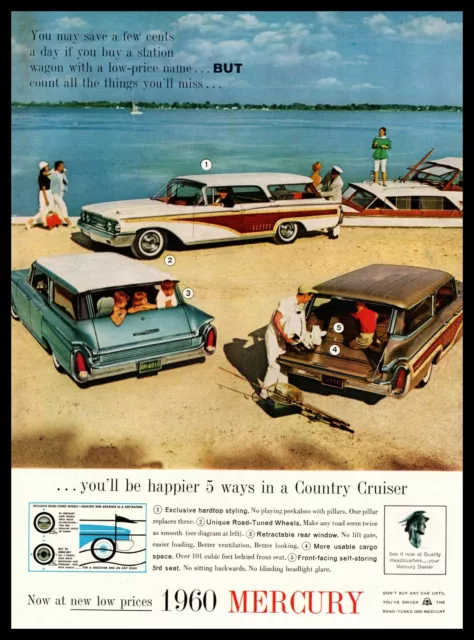 1960 Mercury County Cruiser Station Wagon Lineup At The Beach Vintage Print Ad