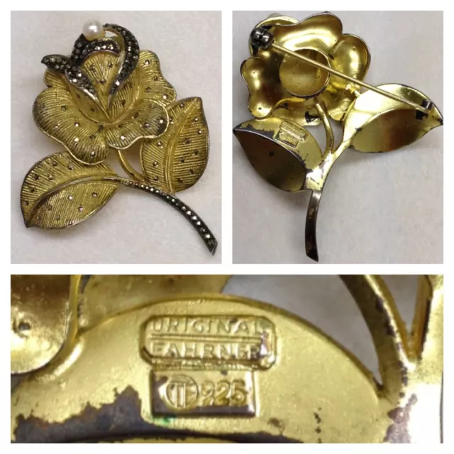 Broche originale Fahrner argent 925 plaquée or avec perle et marcasite fleur