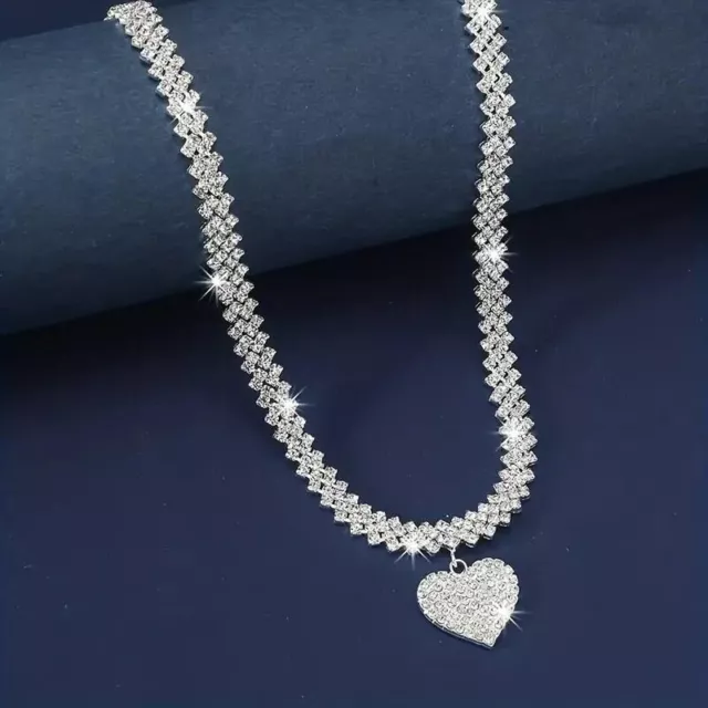 Luxury Glitter Rhinestone Heart Rhombus Chain Pendant Necklace Silvery Women New