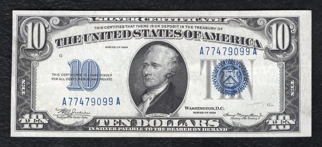 1934 $10 Ten Dollars Silver Certificate Currency Note About Uncirculated (B)