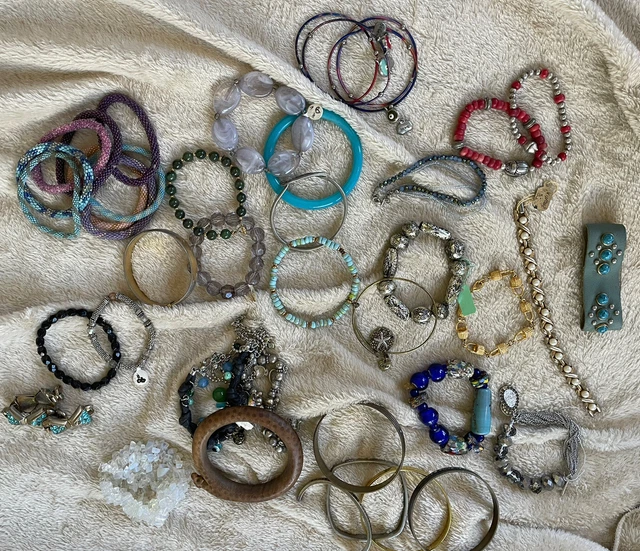 Vintage Estate 41 pc Jewelry Bracelets Scarab Trifari Crystals Beads Wearable